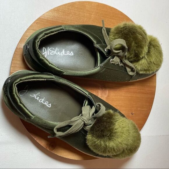JSlides Olive green satiny Pom Pom slip ons - Picture 9 of 11
